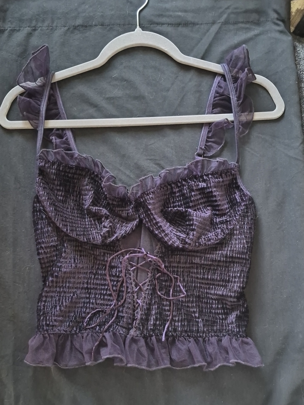 Dreamgirl Velevet Large Purple Smocked Ruffle Lace-Up Camisole